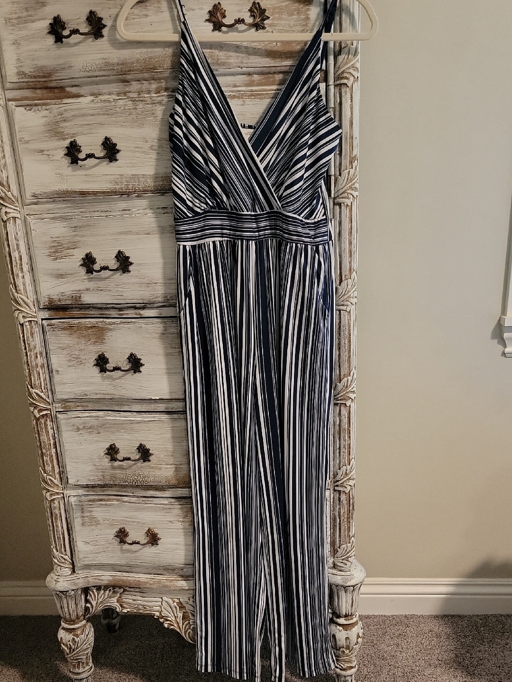 Kaileigh Navy and White Striped Jumpsuit With Pockets